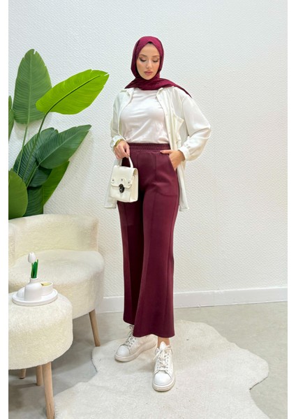 Scuba Kumaş Beli Lastikli Pare Tesettür Pantolon- Bordo modelleri