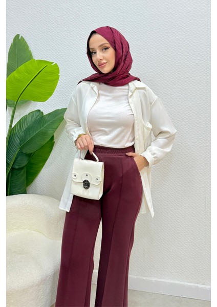 Scuba Kumaş Beli Lastikli Pare Tesettür Pantolon- Bordo fırsatları