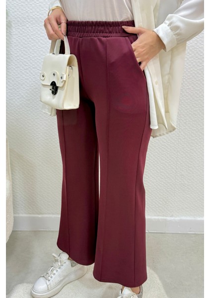 Scuba Kumaş Beli Lastikli Pare Tesettür Pantolon- Bordo indirimleri