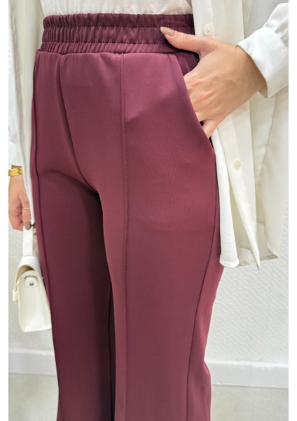 Scuba Kumaş Beli Lastikli Pare Tesettür Pantolon- Bordo