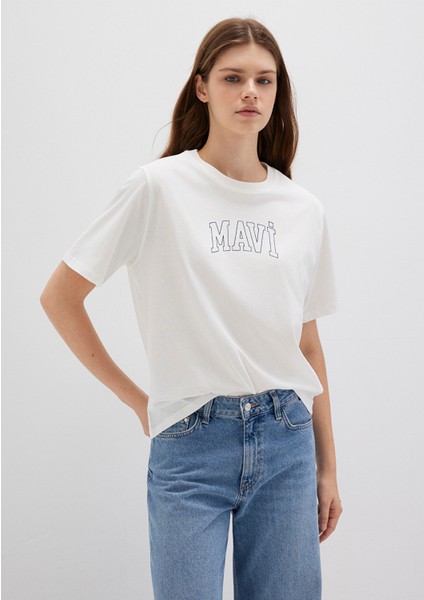 Mavi Logo Baskılı Ekru Tişört 1613564-70057