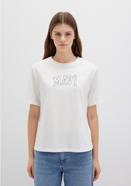 Mavi Logo Baskılı Ekru Tişört 1613564-70057