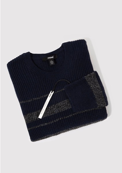 Yün Karışımlı Çizgili Lacivert Kazak 0710209-70490