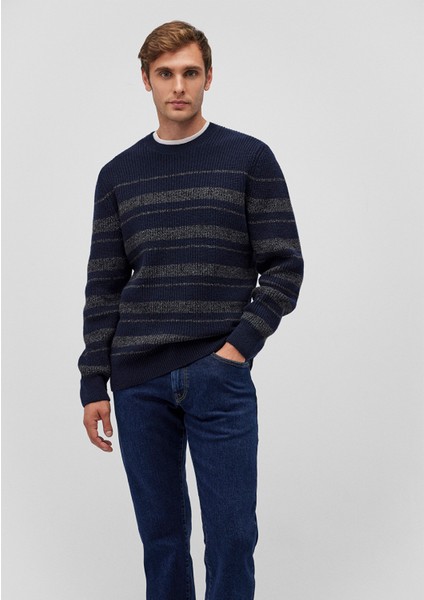 Yün Karışımlı Çizgili Lacivert Kazak 0710209-70490
