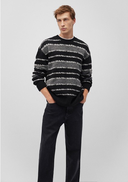 Yün Karışımlı Çizgili Siyah Kazak 0710235-900