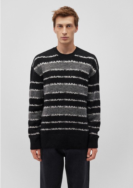 Yün Karışımlı Çizgili Siyah Kazak 0710235-900