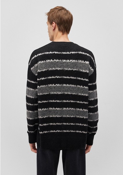 Yün Karışımlı Çizgili Siyah Kazak 0710235-900