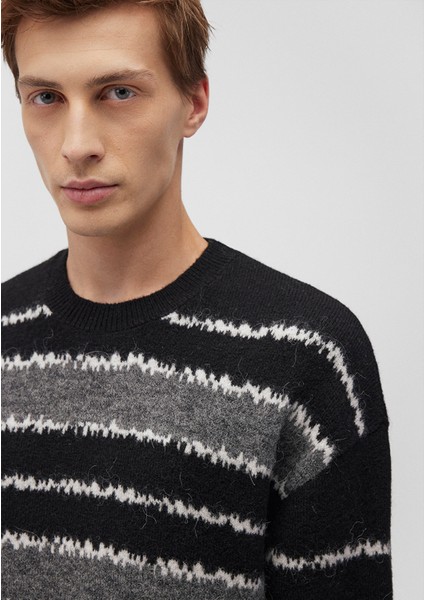 Yün Karışımlı Çizgili Siyah Kazak 0710235-900