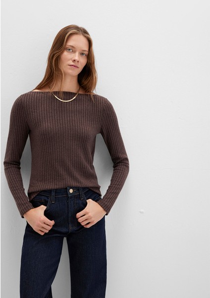 Uzun Kollu Geniş Yaka Kahverengi Tişört 1613596-88067