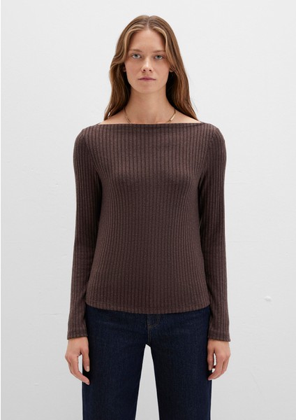 Uzun Kollu Geniş Yaka Kahverengi Tişört 1613596-88067