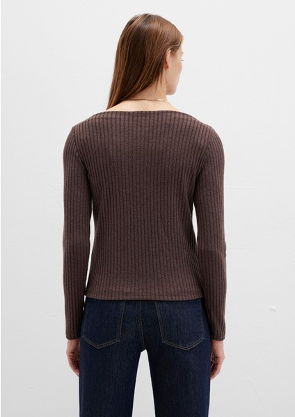 Uzun Kollu Geniş Yaka Kahverengi Tişört 1613596-88067