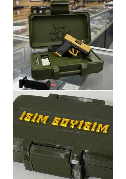 Askeri Silah Sandığı ve Mini Gold Glock Tabanca Anahtarlık Seti! Hediyelik, Kişiye Özel!
