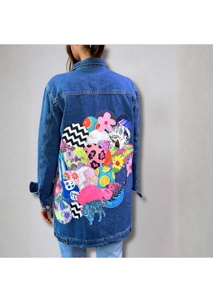 Kadın Kot Ceket, Kadın Denim Ceket, Mavi Uzun Kot Ceket, Patchwork Detaylı Ceket