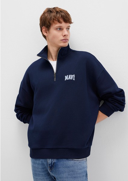 Mavi Logo Baskılı Yarı Fermuarlı Lacivert Sweatshirt 0S10208-70497