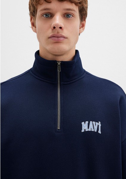 Mavi Logo Baskılı Yarı Fermuarlı Lacivert Sweatshirt 0S10208-70497