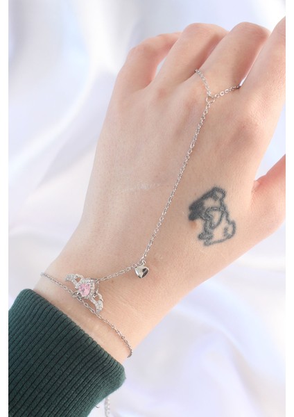 316L Çelik Gümüş Renk Pembe Zirkon Taşlı Kanatlı Kalp Model Şahmeran