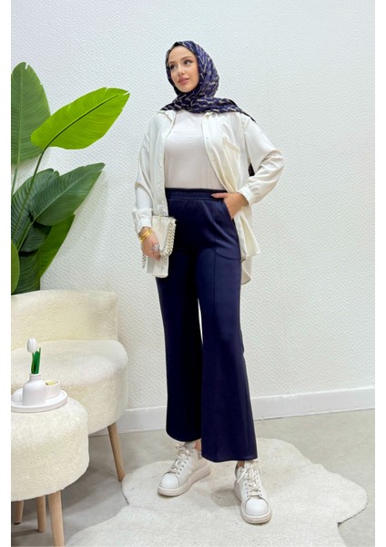 Scuba Kumaş Beli Lastikli Pare Tesettür Pantolon- Lacivert