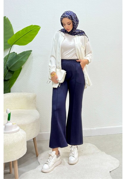 Scuba Kumaş Beli Lastikli Pare Tesettür Pantolon- Lacivert fiyatları