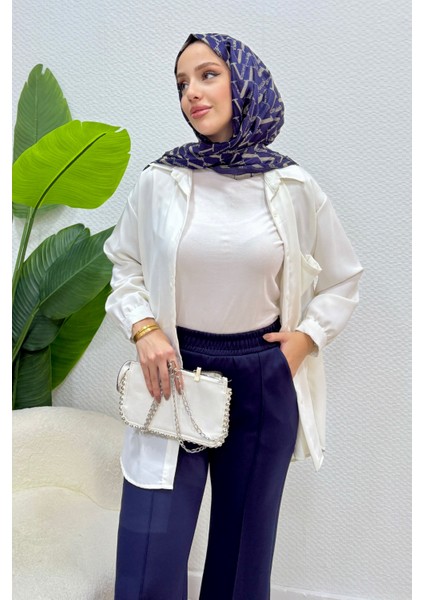 Scuba Kumaş Beli Lastikli Pare Tesettür Pantolon- Lacivert modelleri