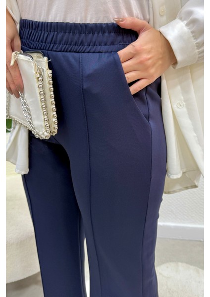 Scuba Kumaş Beli Lastikli Pare Tesettür Pantolon- Lacivert fırsatları