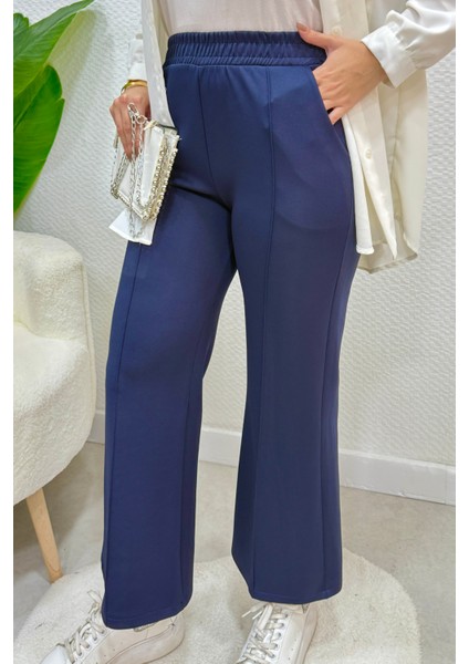 Scuba Kumaş Beli Lastikli Pare Tesettür Pantolon- Lacivert indirimleri