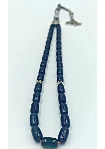 Koyu Yeşil Kapsül Kesim Alpaka Püskül Kehribar Tespih (Kutulu Tesbih)