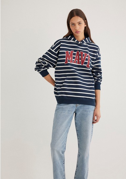 Mavi Logo Baskılı Lacivert Çizgili Sweatshirt 1S10118-81518