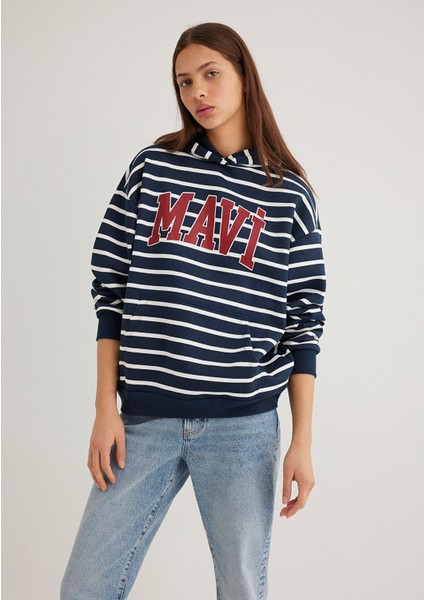 Mavi Logo Baskılı Lacivert Çizgili Sweatshirt 1S10118-81518