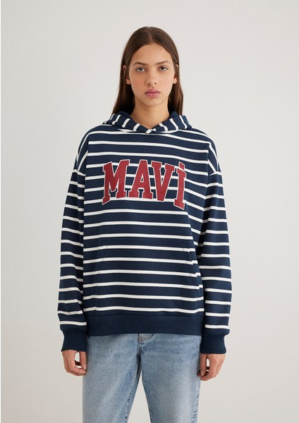 Mavi Logo Baskılı Lacivert Çizgili Sweatshirt 1S10118-81518