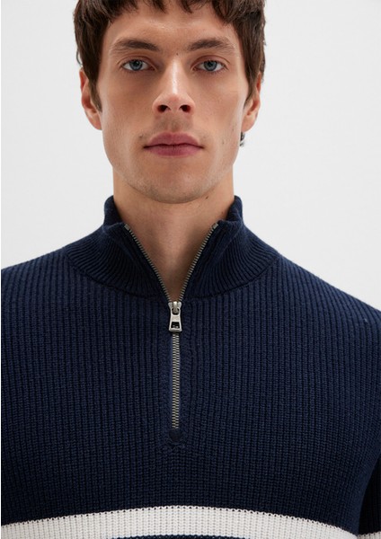 Yarı Fermuarlı Çizgili Lacivert Kazak 0710131-70490