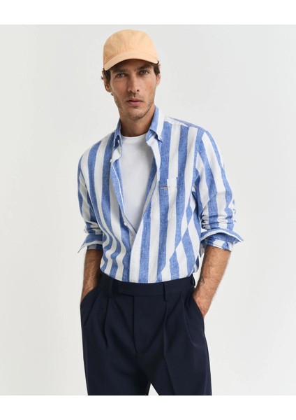 Erkek Mavi Regular Fit Düğmeli Yaka Çizgili Gömlek 3250043.407