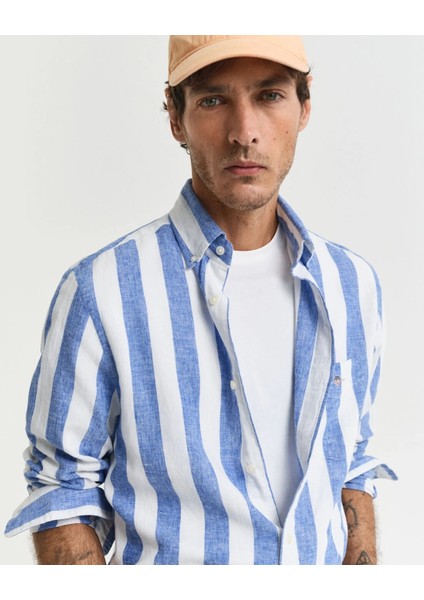 Erkek Mavi Regular Fit Düğmeli Yaka Çizgili Gömlek 3250043.407