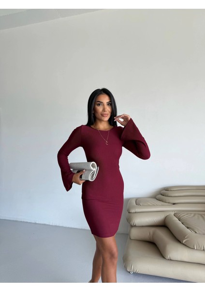 Prenses Kol Esnek Kumaş Elbise Bordo modelleri