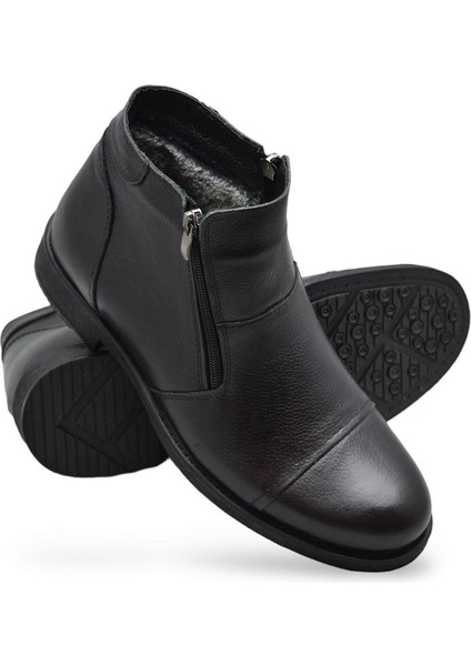 TAB3406 İçi Kürklü Hakiki Deri Erkek Bot Ayakkabı Ortopedik Taban Fermuarlı Deri Bot