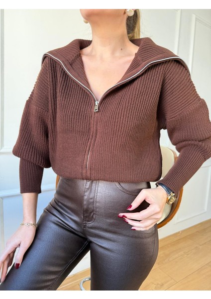 Kahve Fermuarlı Hırka