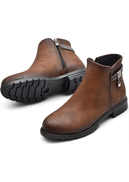 450Z Fermuarlı Günlük Kadın Bot Ayakkabı Kışlık Taşlı Siyah Düz Kadın Bot