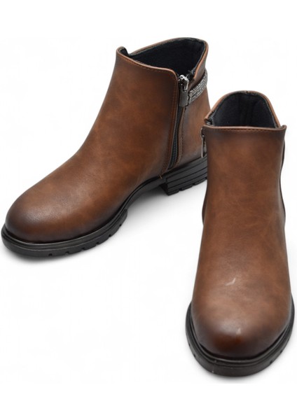 450Z Fermuarlı Günlük Kadın Bot Ayakkabı Kışlık Taşlı Siyah Düz Kadın Bot