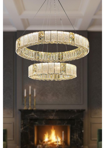 Liva 2'li Sarkıt Avize 80 + 50 cm Kristal Taş Detaylı LED Avize - Oturma Odası & Salon