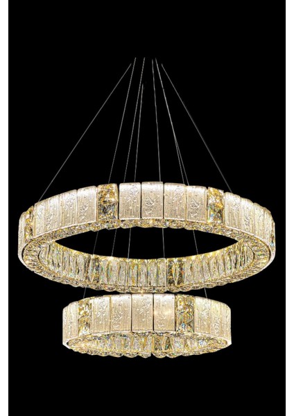 Liva 2'li Sarkıt Avize 80 + 50 cm Kristal Taş Detaylı LED Avize - Oturma Odası & Salon modelleri