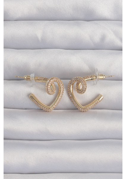 Pirinç Gold Renk Zirkon Taşlı Kıvrımlı Yarım Kalp Küpe