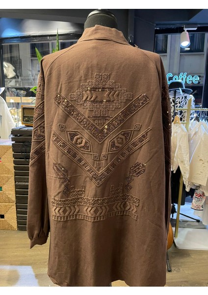 Kadın Nakışlı Taş Işlemeli Pamuklu Uzun Kollu Kimono