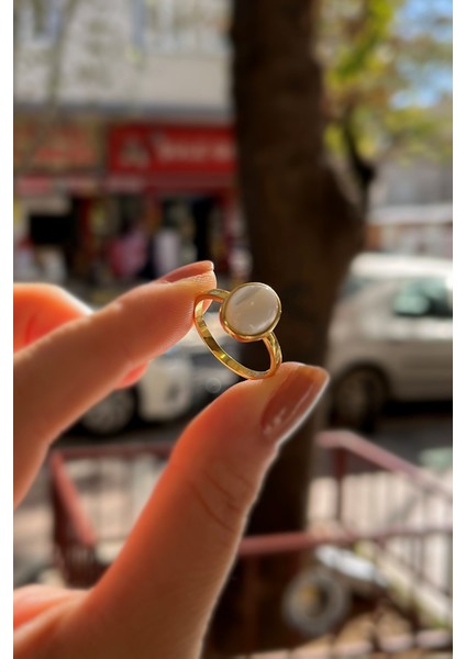 Gümüş 10X8 mm Sedef Taşlı Altın Kaplama Yüzük