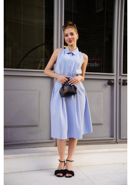 Gömlek Yaka Kemerli Elbise Mavi S255061 fırsatları