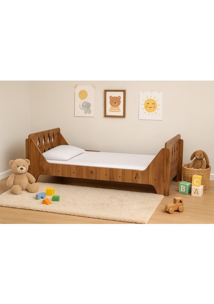 Ceviz Montessori Karyola 70X140, Ceviz Mdf, Ahşap Detaylı Güvenli Çocuk Yatağı fırsatları