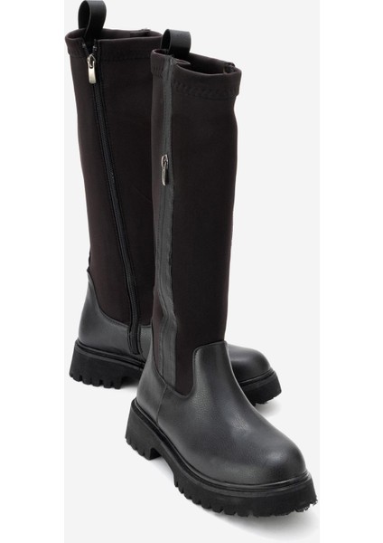 Kadın Çift Fermuarlı Streçli Çizme Siyah Cilt