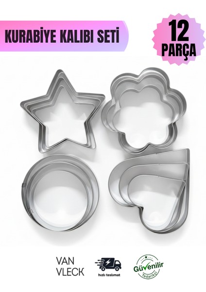 12 Parça Kurabiye Kalıbı Seti – Yıldız, Kalp, Papatya ve Yuvarlak Kalıp Şekiller