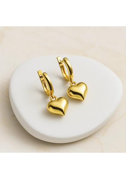 14K Altın Pofuduk Kalp Küpe, Romantik Günlük Altın Takı
