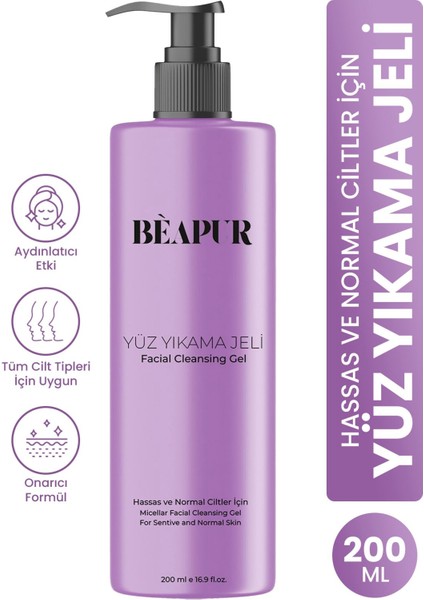 Hassas ve Normal Ciltler İçin Misel Yüz Temizleme Jeli | Makyaj & Kir Kalıntısına Etkili Çözüm 200ml