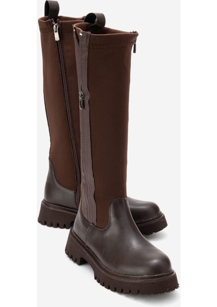 Kadın Çift Fermuarlı Streçli Çizme Kahve Cilt