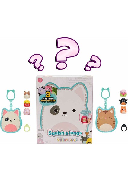 Squishmallows Squish-A-Longs Klipsli Çanta Süsü ve 3 Figür + Yüzük Sürpriz Paket S1 - Kedi Charlie
